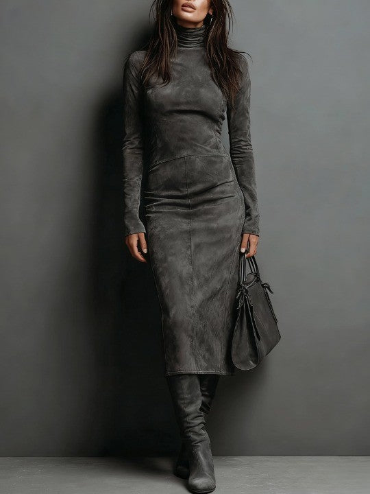 Mildred | Elegant Suede Høj Hals Kjole