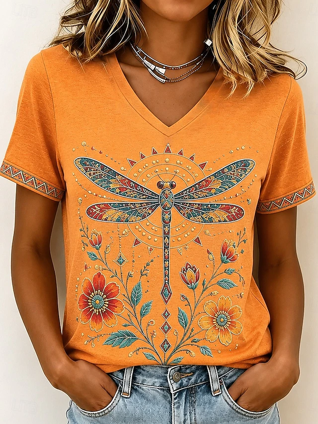 Yvette | Kunstnerisk Libelle V-Hals T-Shirt
