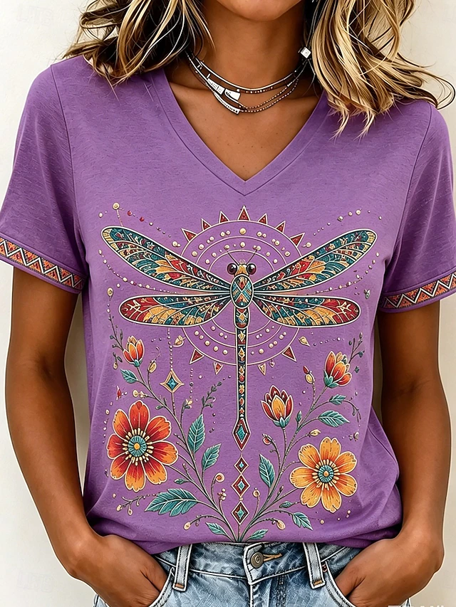 Yvette | Kunstnerisk Libelle V-Hals T-Shirt