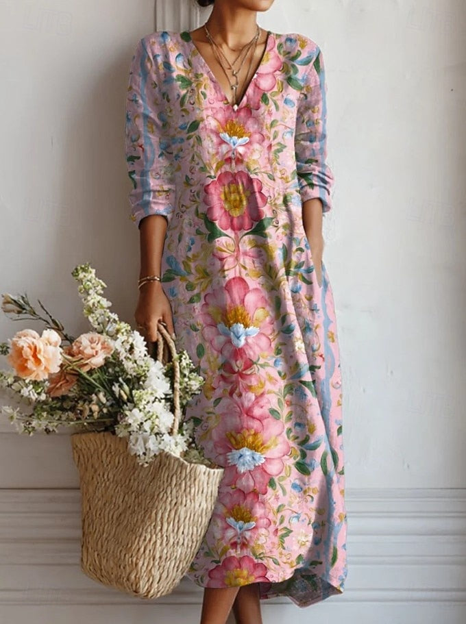 Jasmine | Komfortabel Blomstret V-Hals Kjole