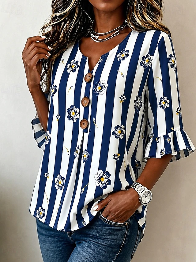 Vivian | Blomstret Stribet V-Hals Bluse