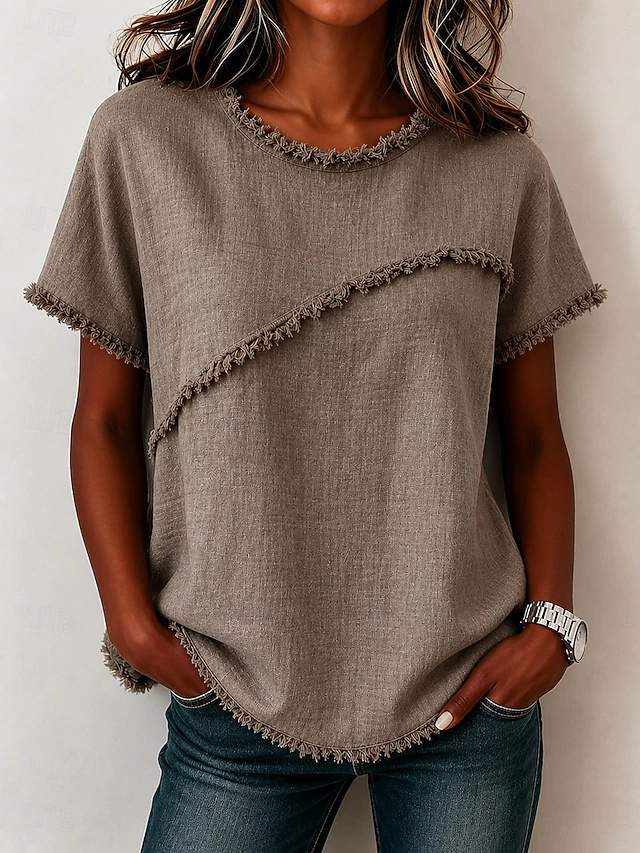 Wendy | Frayed-Trim Rund Hals Top