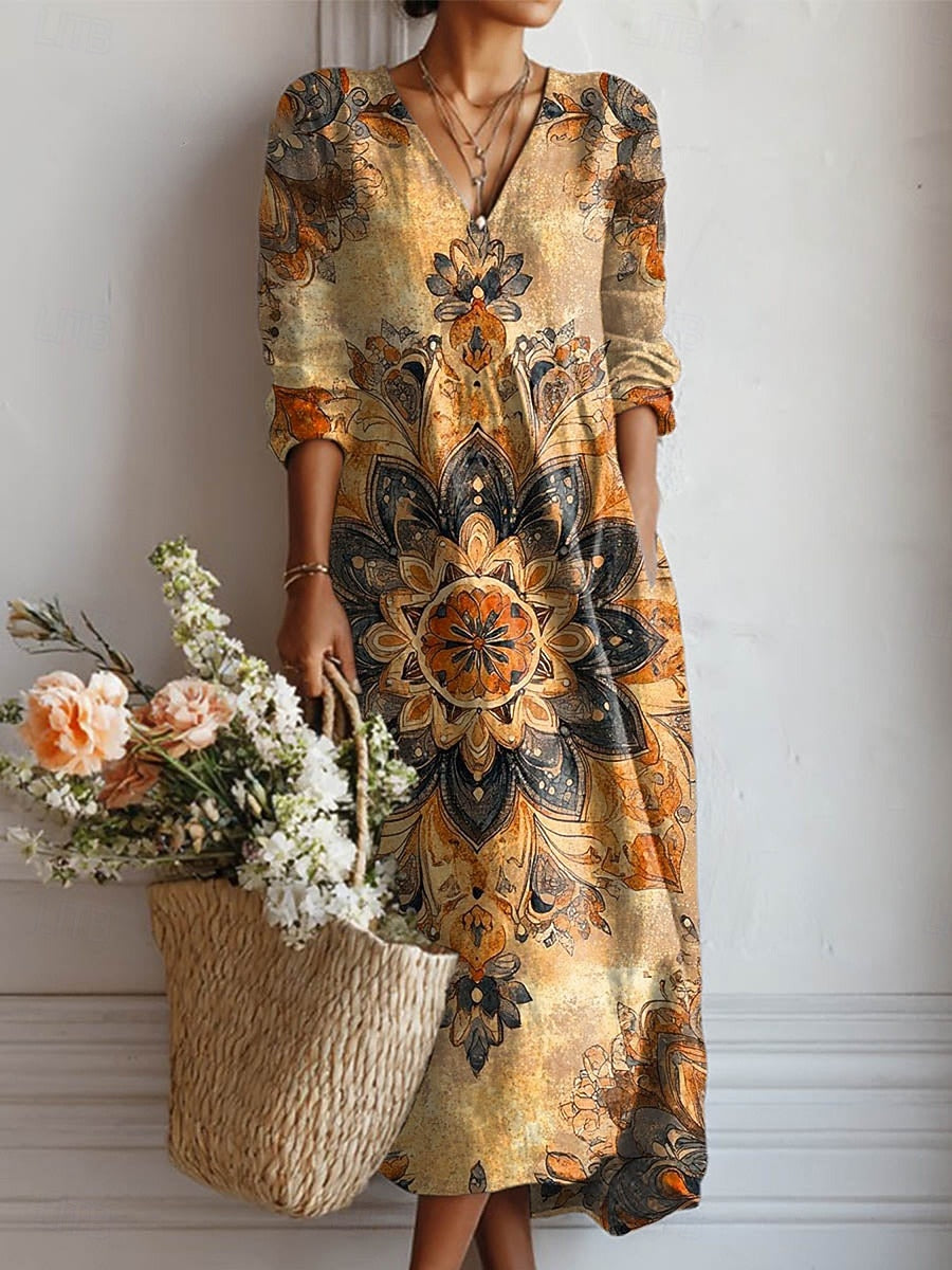 Tiffany | Stilfuld Vintage Blomstret V-Hals Kjole