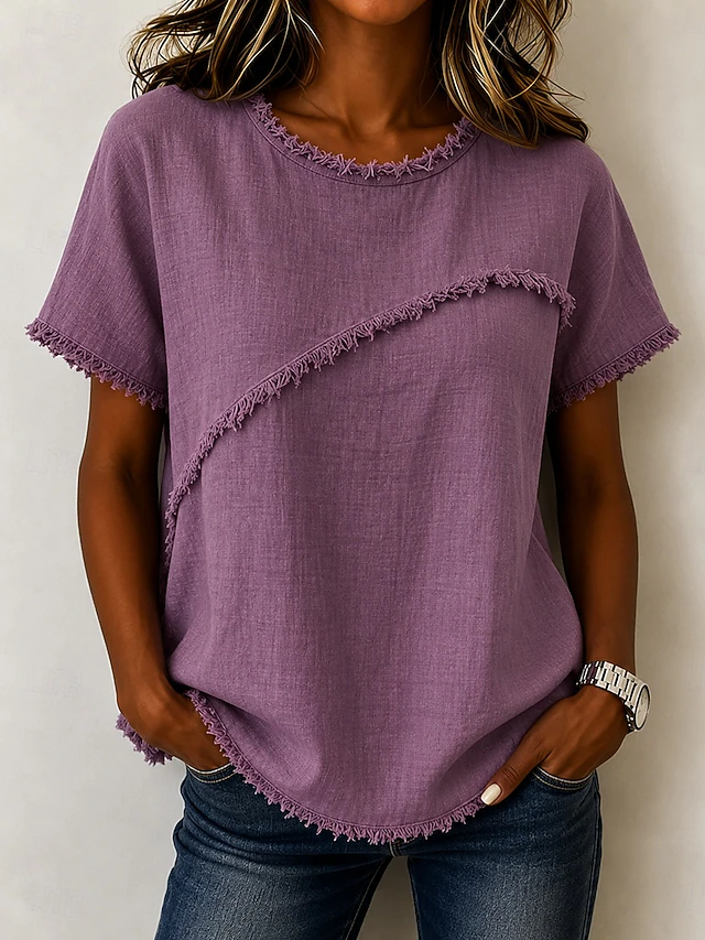 Wendy | Frayed-Trim Rund Hals Top
