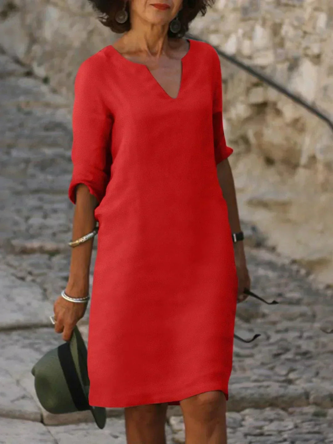 Harper | Elegant V-hals Draperet Midi Kjole