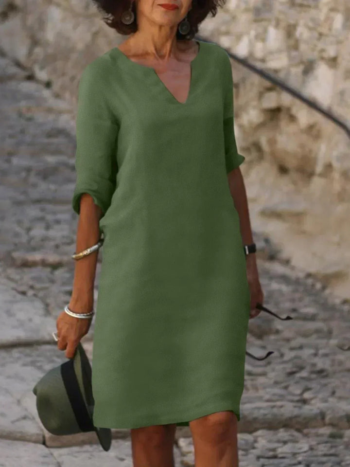 Harper | Elegant V-hals Draperet Midi Kjole