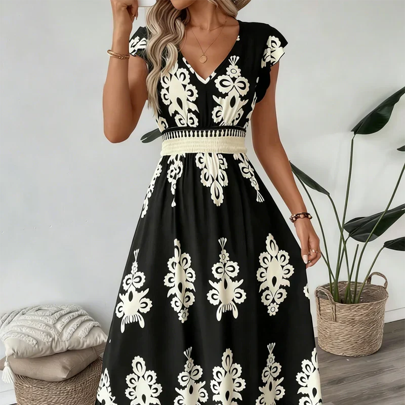 Rosalie | Barok-Print V-Hals Maxi Kjole