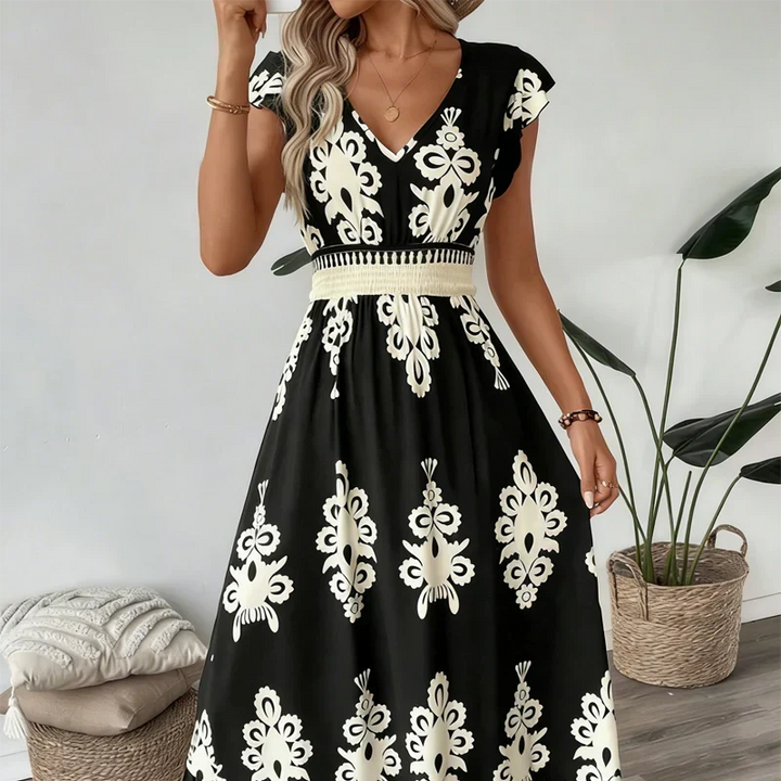 Rosalie | Barok-Print V-Hals Maxi Kjole