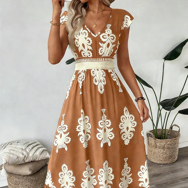 Rosalie | Barok-Print V-Hals Maxi Kjole