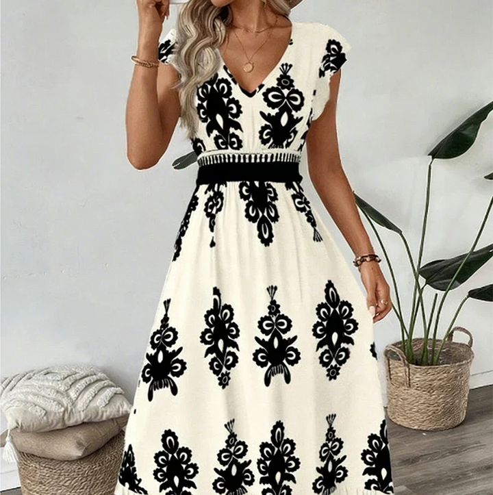 Rosalie | Barok-Print V-Hals Maxi Kjole