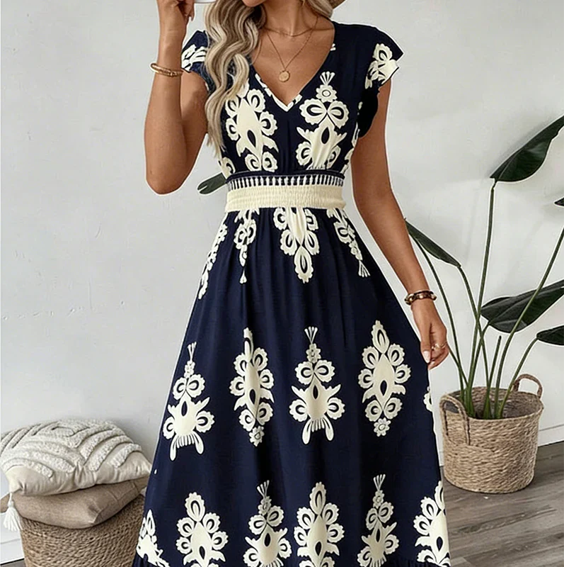 Rosalie | Barok-Print V-Hals Maxi Kjole