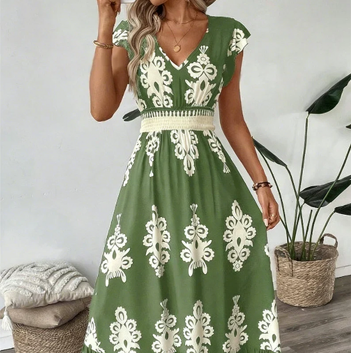 Rosalie | Barok-Print V-Hals Maxi Kjole