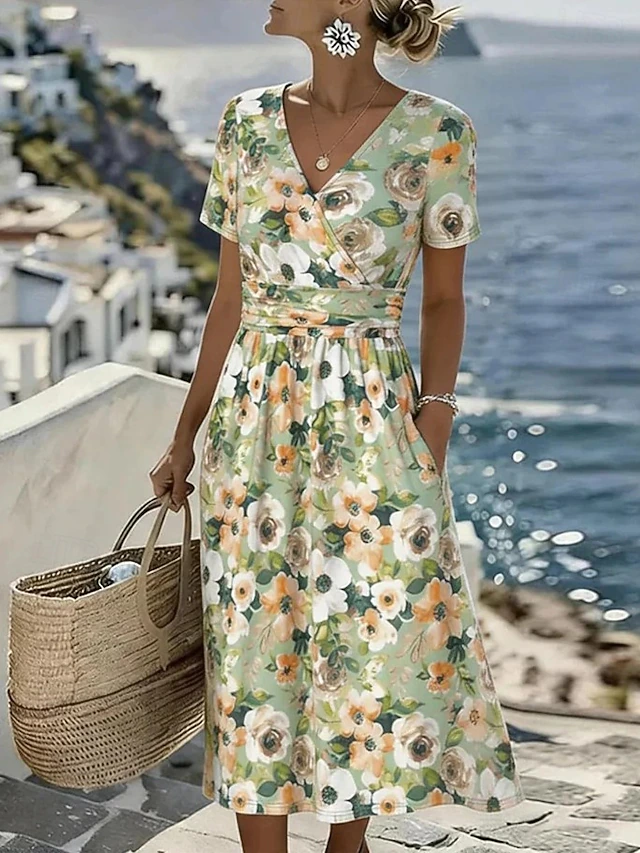 Vera | Flydende Blomster Midi Kjole