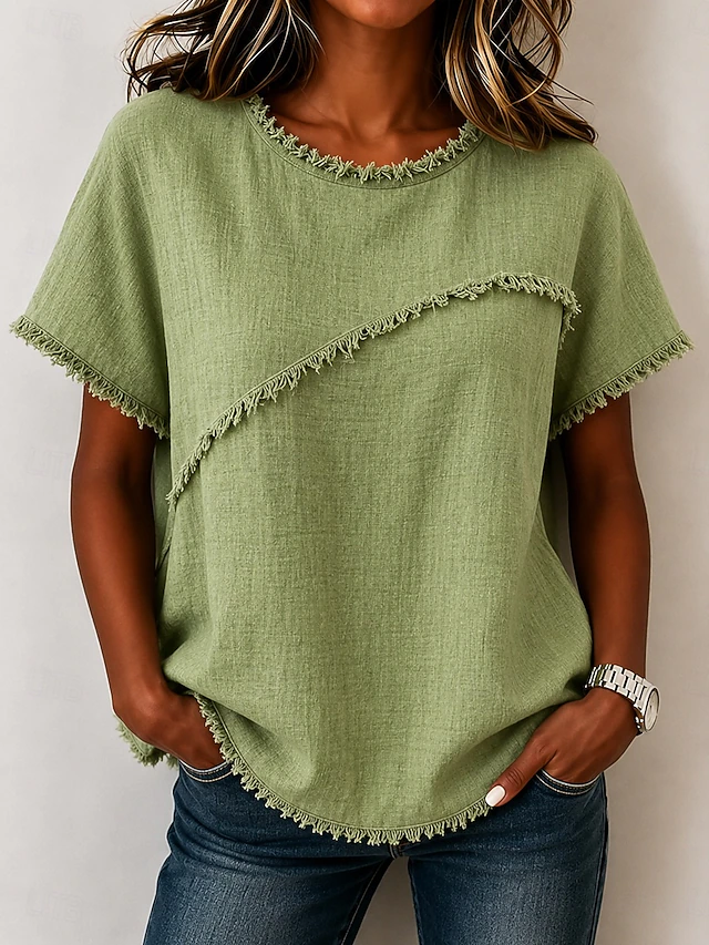 Wendy | Frayed-Trim Rund Hals Top