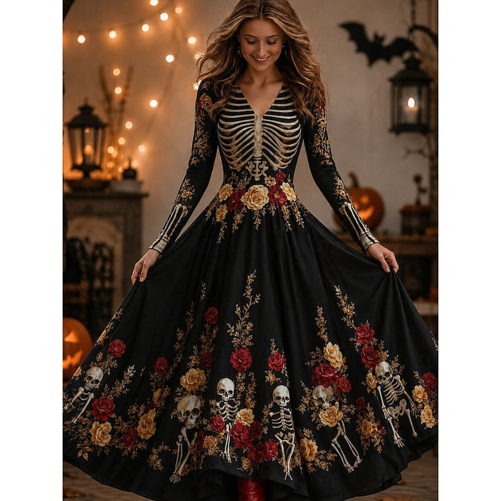 Seraphina | Halloween Skelet Print Maxi Kjole