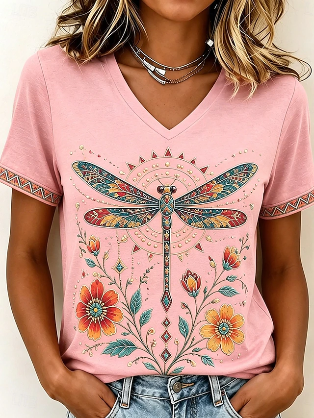 Yvette | Kunstnerisk Libelle V-Hals T-Shirt